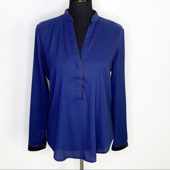 Ann Taylor navy blue popover black faux leather trim size Small - Picture 1 of 11